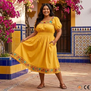 Vestido Midi de Algodón Bordado con Diseño Folclórico Argentino de Córdoba, Color Amarillo Girasol, con Mangas Abullonadas y Cintura Fruncida, Tallas S a 5X - Product Image 1