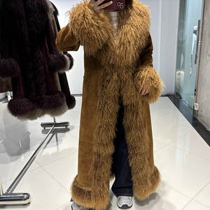 Veste longue de luxe pour femme en véritable peau de mouton avec grand col en fourrure, en cuir véritable, longueur au sol, automne - Product Image 2