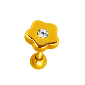 Wholesale classic gold barbell body piercing ear cartilage flower glued gem earring women's labret jewelry