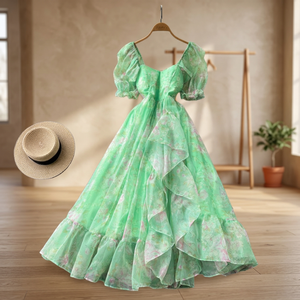 Robe longue décontractée d'été 2026 pour femme, col carré, taille haute, coupe trapèze, style vintage féerique français, à motifs floraux, manches bouffantes et volants, idéale pour les vacances - Product Image 3