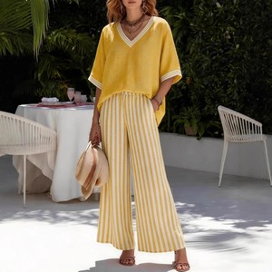 Ensemble deux pièces décontracté pour <span class=keywords><strong>femme</strong></span>, col en V, en <span class=keywords><strong>lin</strong></span> rayé, avec <span class=keywords><strong>pantalon</strong></span> large, disponible en OEM - Product Image 3