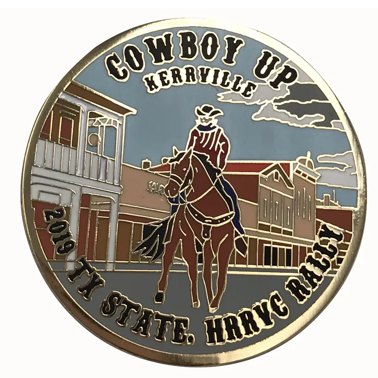 2019 Fabrik günstigen Preis Souvenir rund vergoldet Texas State HRRVC Rallye Cowboy Anstecknadel benutzer definierte harte Emaille Pin <span class=keywords><strong>Metall</strong></span>