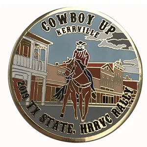 Factory cheap price souvenir round gold plated Texas State hrrvc rally cowboy lapel pin custom hard enamel pin metal