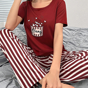 2025 Stripe Pattern <strong>Cute</strong> Summer Pajamas <strong>Set</strong> Women Loungewear Pajamas Short Sleeve Tops With Long Trousers Ladies <strong>Pj</strong> <strong>Set</strong> - Product Image 1