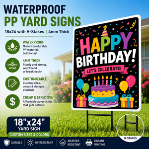 Panneaux de jardin en PP imperméables 18x24 avec piquets en H de 4 mm d'épaisseur, tailles et couleurs personnalisables, panneaux publicitaires pas chers pour anniversaires - Product Image 1
