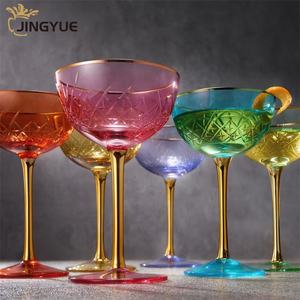 Coupe Art Déco de Luxe Coloré <span class=keywords><strong>Vintage</strong></span> 270ml Champagne Martini Cocktail Gobelet <span class=keywords><strong>Verre</strong></span> à Vin avec Bord Doré et Tige pour Bar - Product Image 2