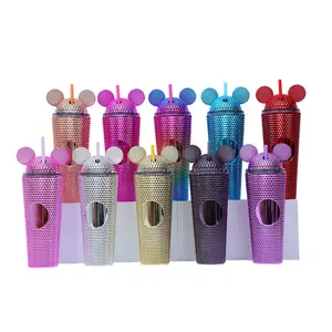 Großhandel benutzer definierte Doppel wand 24oz bling Diamant Maus niedlichen Kunststoff becher mit Strohhalm für Kinder Fitness studio Sport Wasser flasche Tasse