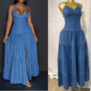 Nouvelles Robes en Jean Sexy pour Femme, Col en V, Dos Nu, Bretelles Fines, Tendance Été - Product Image 2
