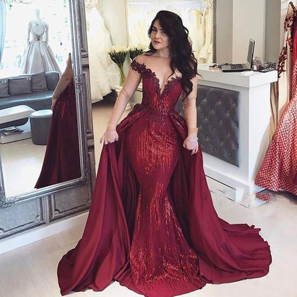fitted lace wedding dress Gorgeous Sequins Mermaid Burgundy Long Prom Dress PSK181 US2 / Burgundy main image 0