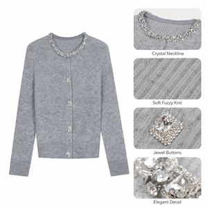 Cárdigan de Punto Personalizado para Mujer, Color Gris Claro, con Adornos, Cuello <span class=keywords><strong>Joya</strong></span>, Botones al Frente, OEM ODM - Product Image 4