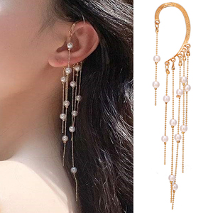 TikTok-pendientes largos con borlas <span class=keywords><strong>de</strong></span> flecos para mujer y niña, aretes <span class=keywords><strong>de</strong></span> cadena larga chapados en oro con perlas, 2022 - Product Image 2