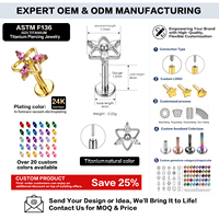 Implan Titanium G23 ASTM F136 Grade Hypoallergenic, Anting Tusuk Tanpa Ulir Model Push Pin Flat Back Labret Stud untuk Tindik Tulang Rawan Helix Tragus