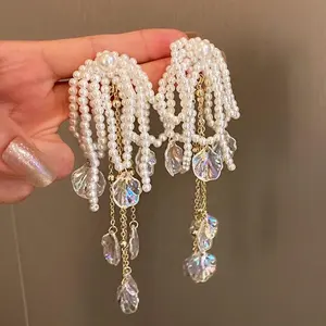 2022新设计珍珠耳环女士波希米亚长流苏吊带耳环声明珠宝时尚珍珠滴耳环女性