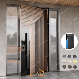 Porte d'entrée pivotante en aluminium à lattes en bois grainé moderne sur mesure avec verre noir miroir et panneaux latéraux fixes doubles - Product Image 1