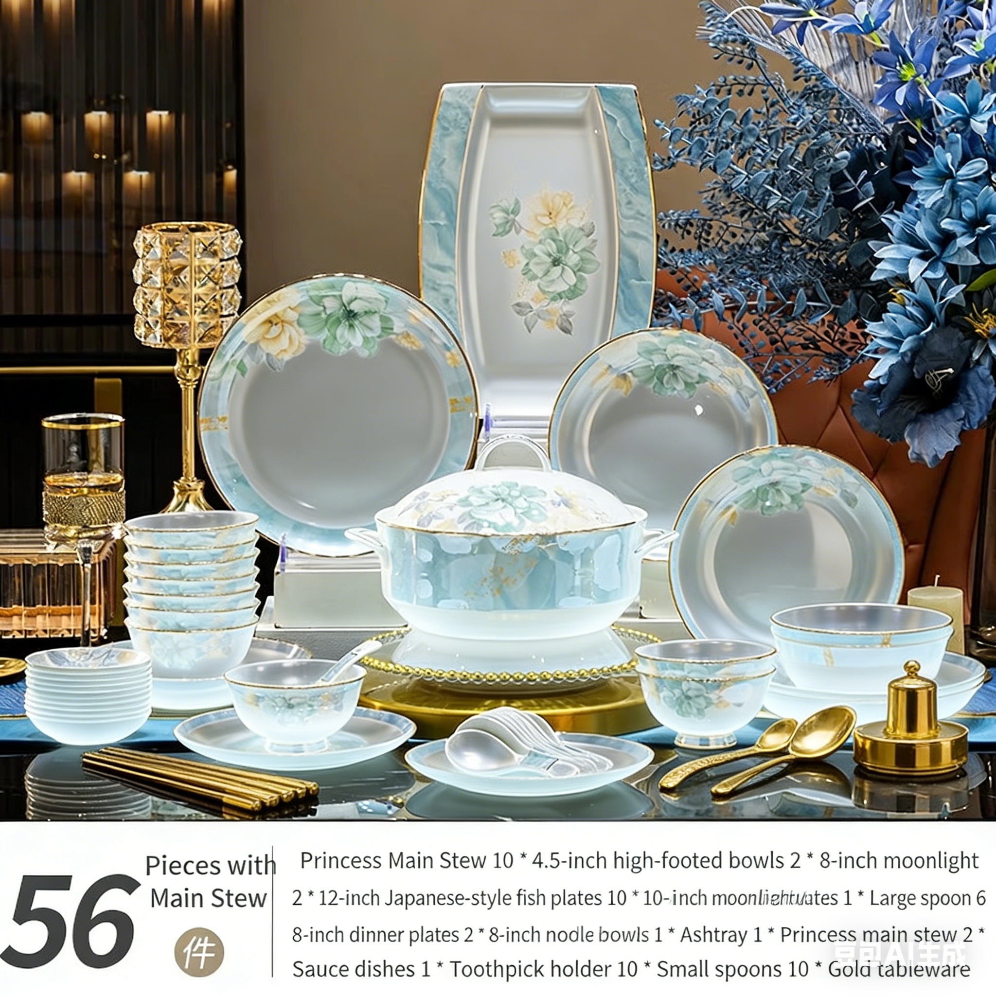 56 pieces for ten people blue