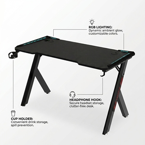 Modern R-Shape Gaming <b>Desk</b> With Carbon Fiber Surface Headphone Hook And Cup Holder Black Metal Frame For <b>Work</b> From Home - Product Image 4
