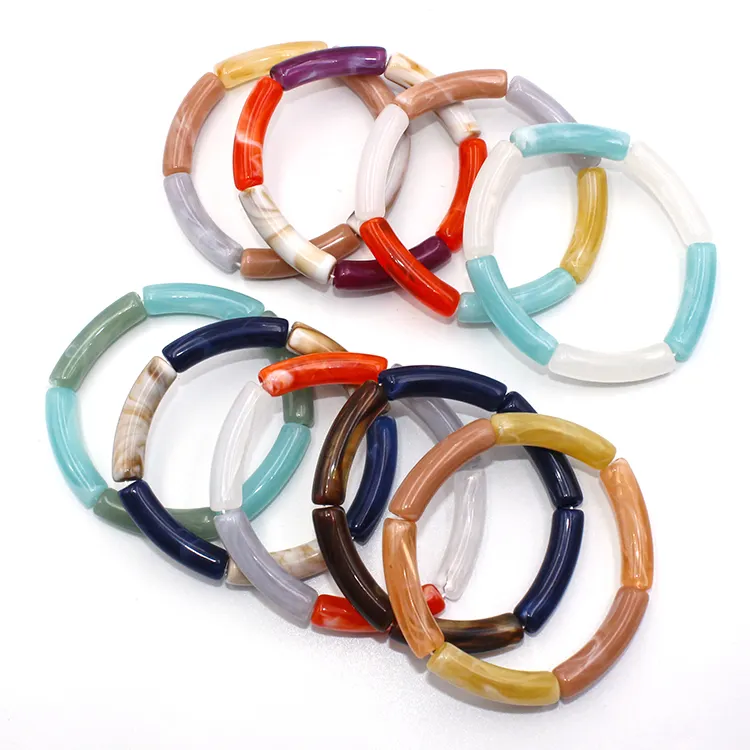Colorful Plastic Beads Stretch Bracelet Bamboo Tube Stacking Curved Cuff Bangles for Women