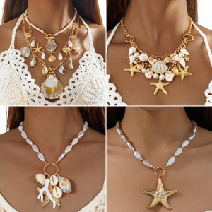 Collana <span class=keywords><strong>con</strong></span> Ciondolo a Forma di Stella Marina in Conchiglia, Stile Sportivo, <span class=keywords><strong>con</strong></span> Catena Elettroplaccata e Perla Imitazione, Design Esagerato per Donne - Product Image 2