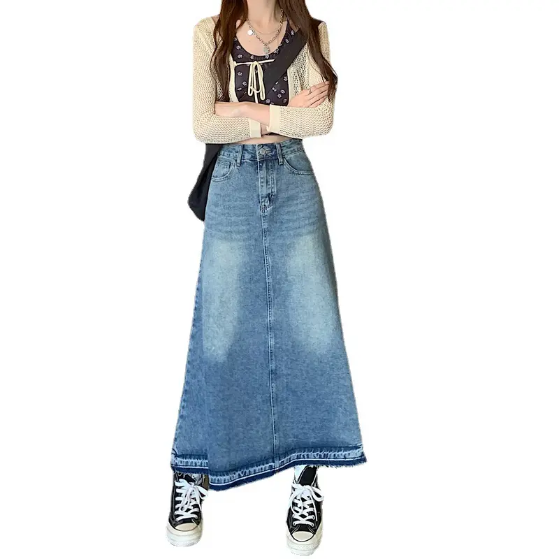 Wholesale High Quality Custom Jeans Skirt Women Denim Maxi Long Casual Flared A-line Raw Edge Bottom Denim Skirt