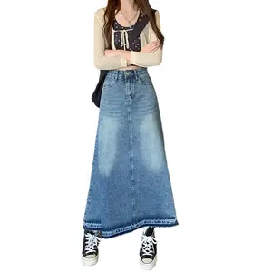 Großhandel Hochwertige Custom Jeans Rock Damen Denim Maxi Long Casual Flared A-Linie Raw Edge Bottom Denim Rock