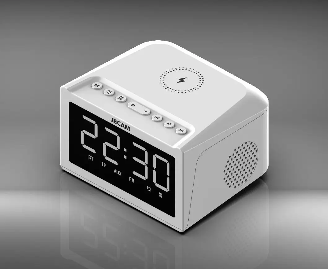 एलईडी बिजली तारीख प्रदर्शन तालिका के शीर्ष के साथ अलार्म घड़ी लकड़ी थर्मामीटर डिजिटल घड़ी के साथ वायरलेस चार्जर