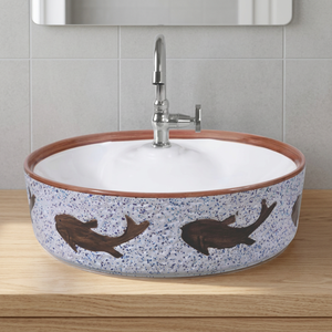 Lavabo de table rond en marbre blanc imprimé poisson Lavabo de salle de bain en céramique moderne Lavabo de comptoir en porcelaine - Product Image 1