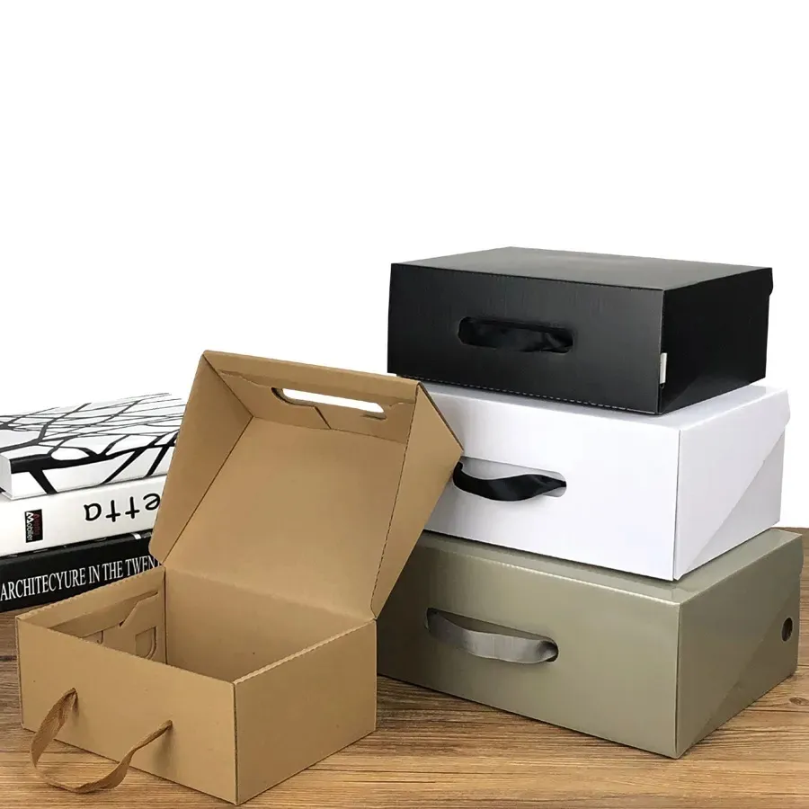 Baru Grosir Disesuaikan Kotak Sepatu Lipat Mailing Kemasan Kertas Cetak Bergelombang Kotak Sepatu dengan Pegangan