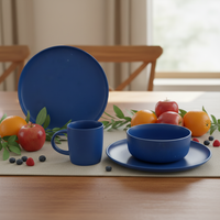 Service de vaisselle en grès céramique américain classique écologique – Assiettes de table bleues résistantes à la chaleur, compatibles four et micro-ondes