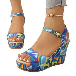 Sandales romaines compensées à bout ouvert et boucle pour femme, nouvelle collection été, color block, semelle épaisse, en stock - Product Image 5