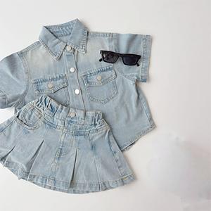 Ropa de Moda Infantil de Alta Calidad, Conjuntos de Ropa de Mezclilla de <span class=keywords><strong>Color</strong></span> Sólido de 2 Piezas para Niñ<span class=keywords><strong>as</strong></span>, Verano - Product Image 1