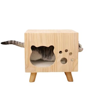 Wooden Cat <b>Bed</b> Solid Wood Square Cat <b>House</b> With Cat Face Cutout For Indoor Cats - Product Image 2