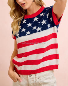 <span class=keywords><strong>Pull</strong></span> tricoté à rayures et étoiles drapeau américain pour femme, grande taille, manches courtes, col rond, <span class=keywords><strong>pull</strong></span> patriotique, haut décontracté d'été - Product Image 4