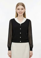 Haut en maille col V bicolore noir et blanc pour femme, avec manches en maille plissée transparente et boutons perlés, léger, pour le printemps et l'automne