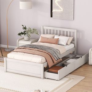 Cadre de lit en pin massif blanc avec tiroirs, taille simple, meubles de chambre à coucher pour enfants, adultes et personnes âgées - Product Image 1