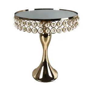 Precio de fábrica, soporte de postre de calidad exclusivo dorado, decoraciones para fiesta de boda, soporte de pastel de cristal de lujo