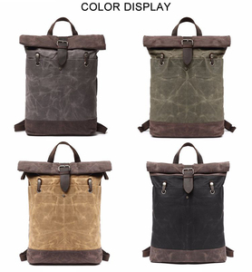 Custom Vintage Large Canvas <strong>Back</strong> <strong>Pack</strong> <strong>Waterproof</strong> Waxed Canvas Genuine Leather Backpack for Men - Product Image 2