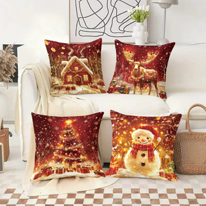 クリスマスの温かみのある装飾用クッション。雪だるま、トナカイ、ツリー、小屋などのお祭りの情景が描かれ、ホリデーホームデコレーションに最適です。 - Product Image 2