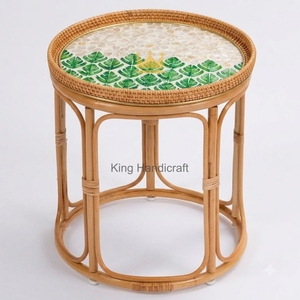 Export Quality Natural Woven Rattan Coffee <b>Table</b> <b>Round</b> Mother of Pearl Inlaid Top <b>Bedside</b> Accent Side <b>Table</b> - Product Image 1