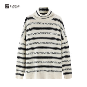 Tùy Chỉnh Cao Cổ Của Phụ Nữ Mùa Đông Áo Thun Giản Dị Dài Tay Đan Với Màu Đen Trắng Sọc Jacquard Chữ Áo Len - Product Image 1