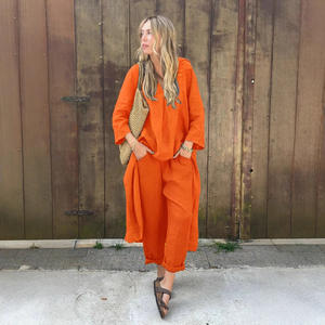 Nuovo modello primaverile da <span class=keywords><strong>donna</strong></span> 2 pezzi per <span class=keywords><strong>camicia</strong></span> Plus Size in cotone <span class=keywords><strong>e</strong></span> <span class=keywords><strong>lino</strong></span> pantaloni larghi a vita alta - Product Image 2