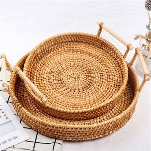 <span class=keywords><strong>Panier</strong></span> décoratif miniature en rotin, plateau en bambou tressé avec filet, extra large, rond, 20 pouces, rangement en rotin sous le lit, poignées en bois - Product Image 5