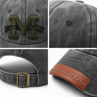 Casquette de baseball vintage délavée en gros avec emblème lettre M universitaire et patch en cuir, visière réglable, couleur anthracite