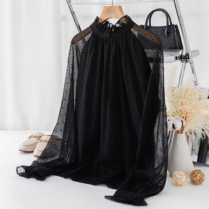 RNSHANGER blus sifon wanita polkadot, kemeja longgar Vintage kerah berdiri lengan panjang baru untuk perempuan - Product Image 5