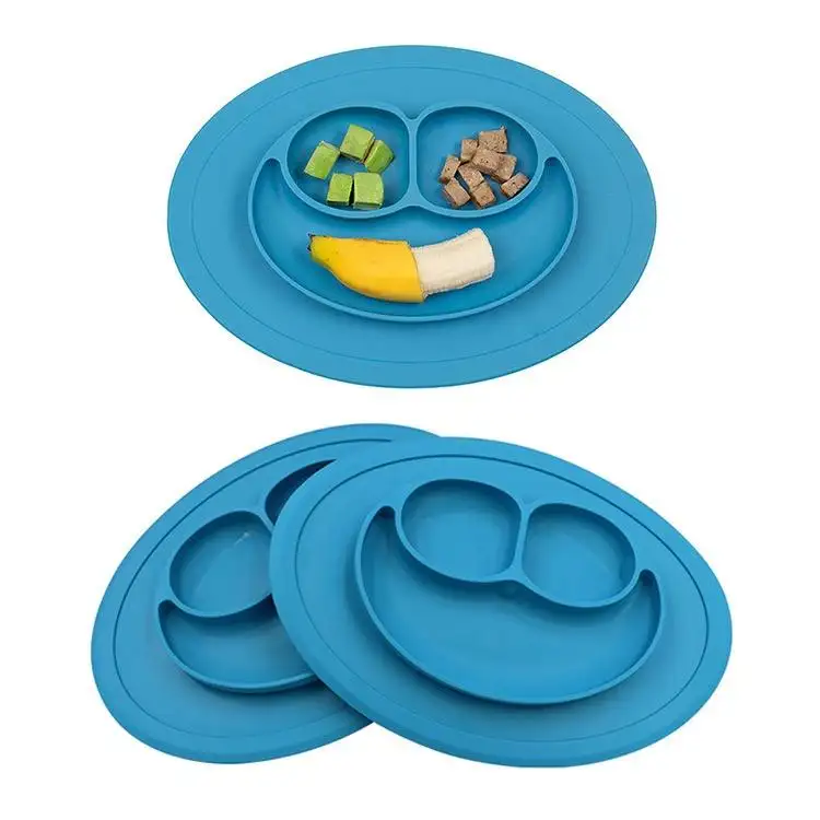 Dishwasher Safe One-Piece Sucker Round Smiley Face Plate Baby Feeding Plate Silicone Divided Dishes for Toddler