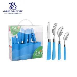 便宜的PVC盒子手工打磨红色/蓝色塑料手柄24pcs刀具组不锈钢餐具勺子和叉子和刀集