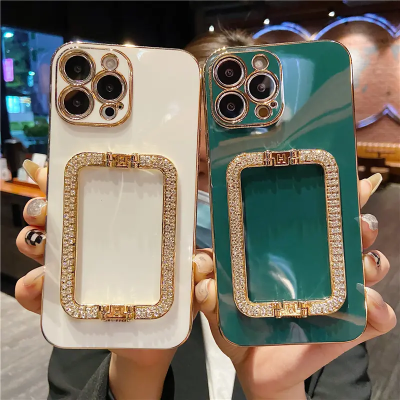 3D Crystal Square Holder Gold Plating Phone Case For iphone 14 Pro Max MiNi 12 13 Pro X XS XR 6 S 7 8 Plus 12 Pro Cover