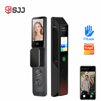 Serrure Intelligente WiFi SJJ Entièrement Automatique avec Reconnaissance Faciale Tuya, Interphone Vidéo à Détection de Veines Palmaires, Déverrouillage à Distance, en Aluminium/Bois pour Application Cloud