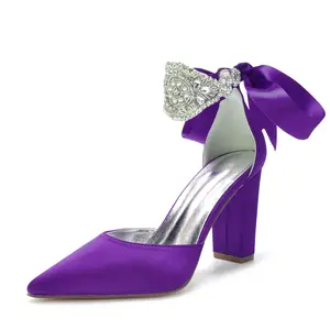 Chine Grande Usine Bon Prix Taille Pointu Violet Strass Ruban Talon Satin Perle Strass Chaussures De Mariage