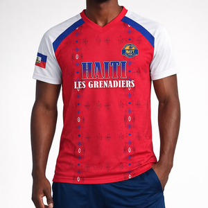 Maillot de football col en <span class=keywords><strong>V</strong></span> pour homme Haïti 2026WC – Indispensable pour les fans d'Haïti – Match du premier tour du Groupe A le 14 juin – AYITI Manches Courtes - Product Image 1
