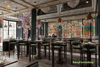 Ensemble de mobilier de design pour restaurant commercial : banquette de salle à manger sur mesure, comptoir de bar, tables de salle à manger et chaises en bois pour café et bistrot